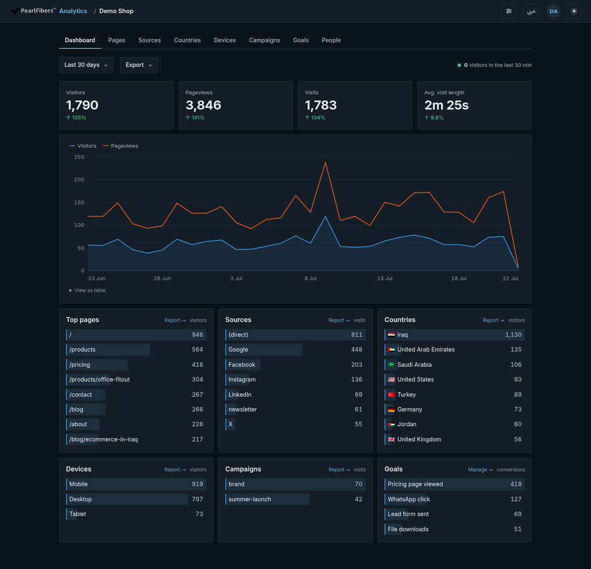 The PearlFibers Analytics dashboard: visitor tiles, a traffic chart, and ranked lists of pages, sources, countries, devices and goals