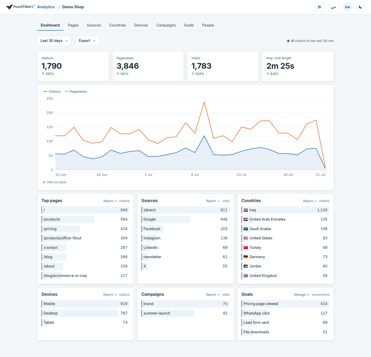 The PearlFibers Analytics dashboard: visitor tiles, a traffic chart, and ranked lists of pages, sources, countries, devices and goals